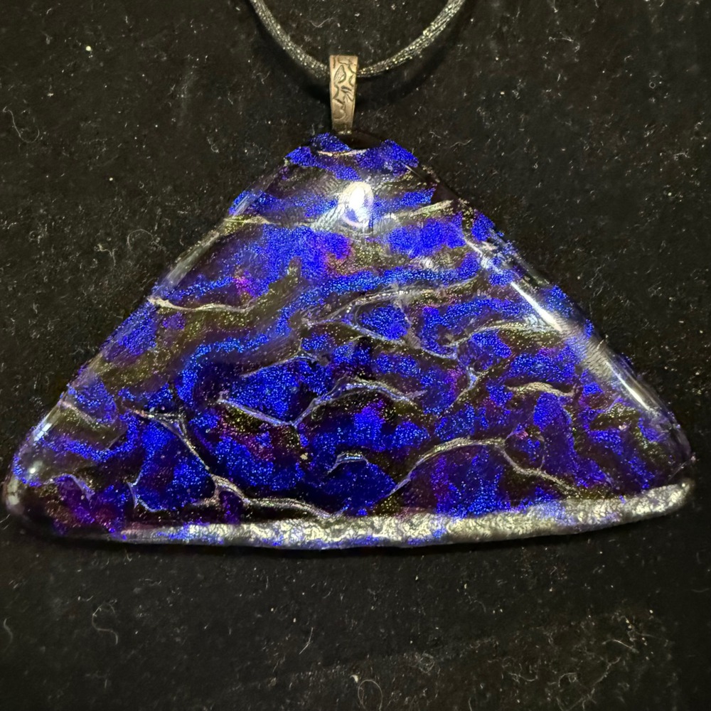 Dichroic Fused Glass Triangle Pendant Necklace‎ Blue Purple Iridescent Statement